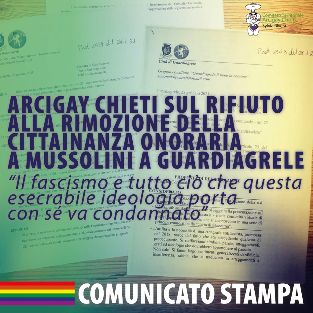 Arcigay Chieti sul rifiuto della rimozione della cittadinanza onoraria a Mussolini a Guardiagrele “Il fascismo e tutto ciò che questa esecrabile ideologia porta con se va profondamente condannata.”